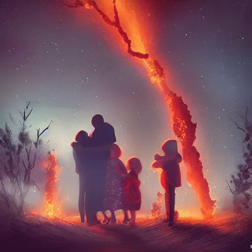 Image similar to “ a family hugging each other for the last time as the world is ending, meteors are falling from the sky, everything is on fire, dramatic lighting, digital art, very very very very very very beautiful, 8 k, dark lighting, trending on artstation, award winning ”