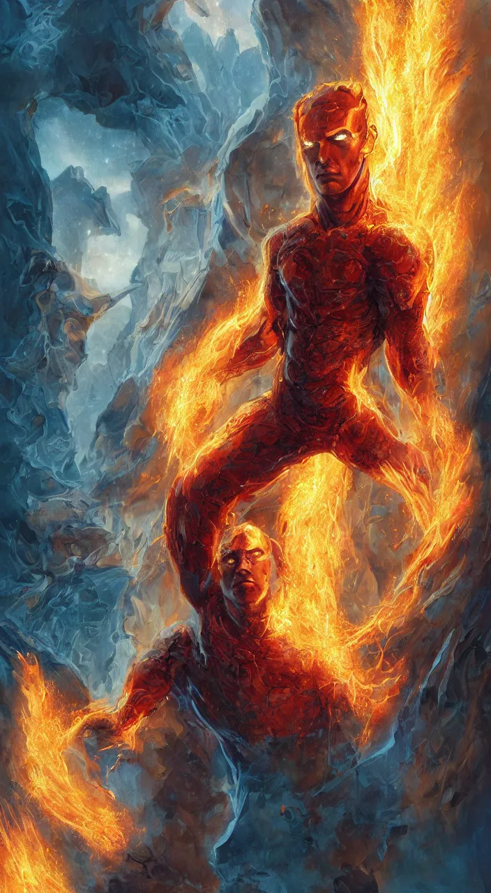 Prompt: full body concept art of Human Torch made with fire sparks by Marc Simonetti + beautiful eyes, beautiful face + symmetry face, symmetry body + border and embellishments inspiried by occult insignia, fractals in the background, galaxy + baroque, gothic, surreal + highly detailed, intricate complexity, epic composition, magical atmosphere + masterpiece, award winning + trending on artstation