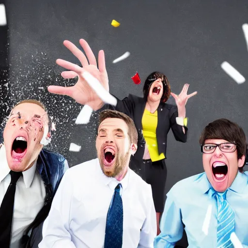 Image similar to cool business people throwing computers, screaming yelling, smashing things. high resolution color magazine candid photograph.