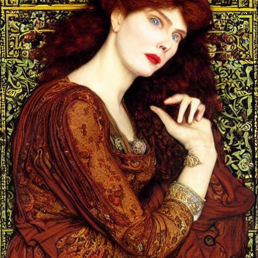 Prompt: masterpiece of intricately detailed preraphaelite photography portrait face hybrid of nicole kidman and hedy lamarr, sat down in train aisle, inside a beautiful underwater train to atlantis, betty page fringe, medieval dress yellow ochre, by william morris ford madox brown william powell frith frederic leighton john william waterhouse hildebrandt