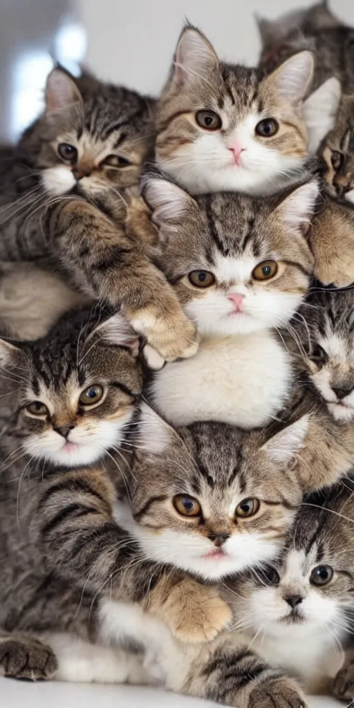 Prompt: a stack of cats curled up atop one another. a furry tower of cuddliness. cat cooperation.