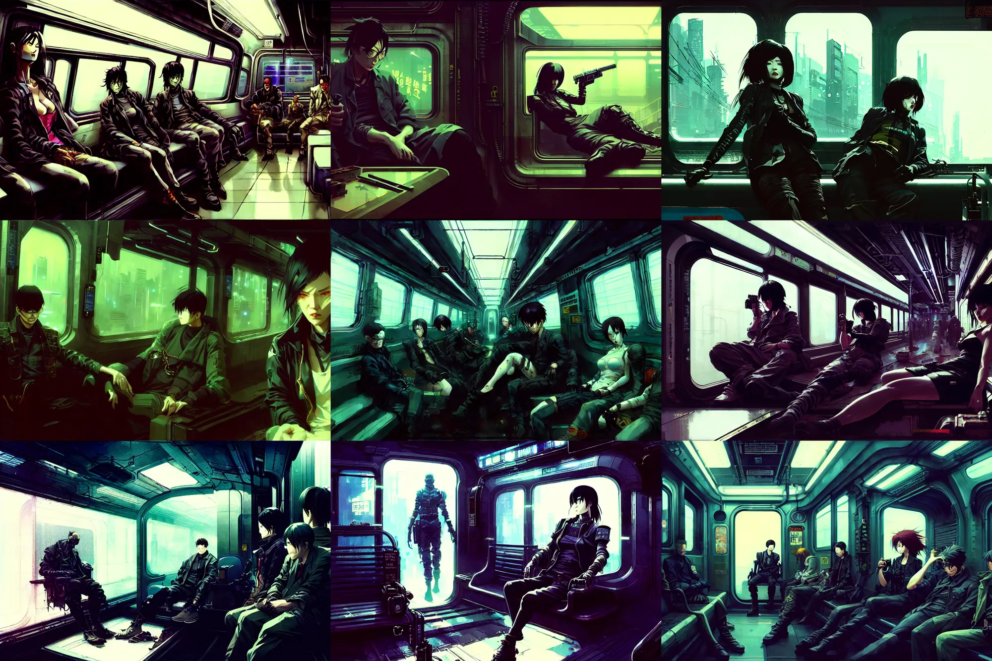 Prompt: hyper - realistic cinematic shot of cyberpunk portrait of subway car interior, extreme detail, beautiful light and shadows, in style of pan ren wei, yoji shinkawa, ilya kuvshinov, atey ghailan, by greg rutkowski, by greg tocchini, by james gilleard, by joe fenton, by kaethe butcher, grunge aesthetic