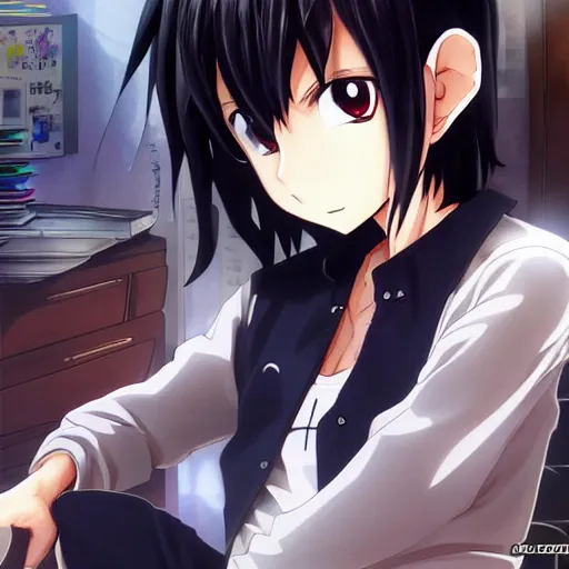 Image similar to aloof anime man with black emo hair wearing baggy shorts, standing in headmistress's office, smug grin, smug expression, punchable expression, punchable face, he's a jerk, sharp details, subsurface scattering, intricate details, art by artgerm, anime, anime hd wallpaper, 2 0 1 9 anime screenshot