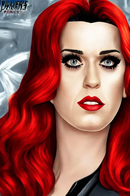 Image similar to katy perry as black widow in the avengers, portrait, very detailed face