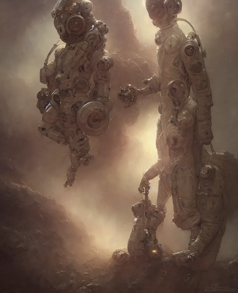 Image similar to realistic photography of a flesh totem of astronauts wearing dirty and moldy space suits, deep focus, intricate, elegant, highly detailed, foggy, misterious, digital painting, artstation, concept art, matte, sharp focus, illustration, art by artgerm and greg rutkowski and alphonse mucha