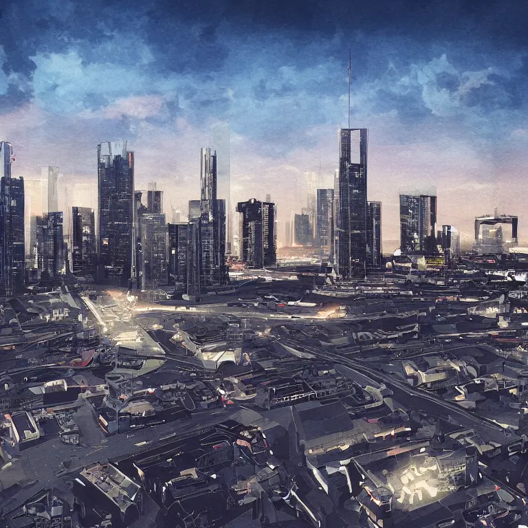 Image similar to The future is beautiful. Arnhem skyline. Rough brush strokes and grainy. Interesting colour scheme. Detailed. Beautiful digital artwork by artist Lurid. (2022)