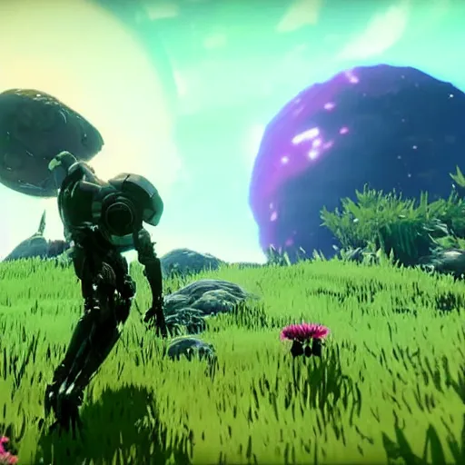 Prompt: corrupted sentinel enjoying picking up flower on infested planet in no man's sky