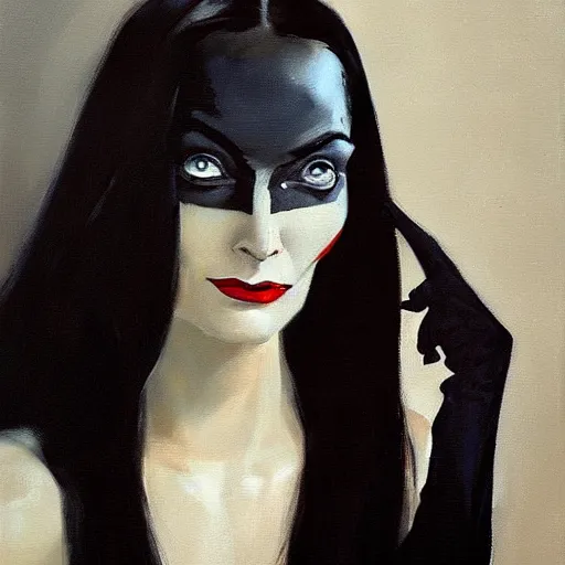 Image similar to greg manchess portrait painting of partially armored morticia from addams family as overwatch character, medium shot, asymmetrical, profile picture, organic painting, sunny day, matte painting, bold shapes, hard edges, street art, trending on artstation, by huang guangjian and gil elvgren and greg rutkowski