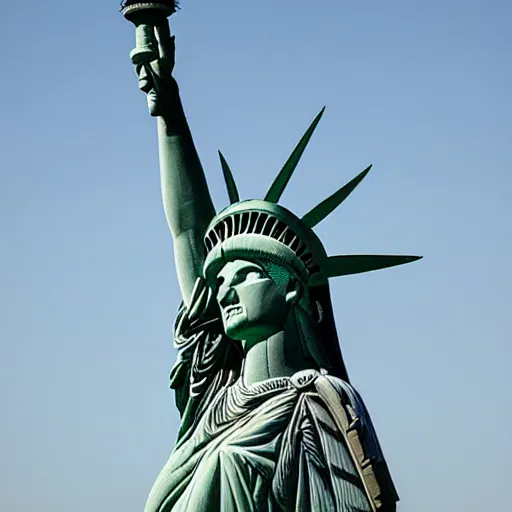 Image similar to professional cityscape photo of the statue of liberty as a native indian with head dress, coper cladding