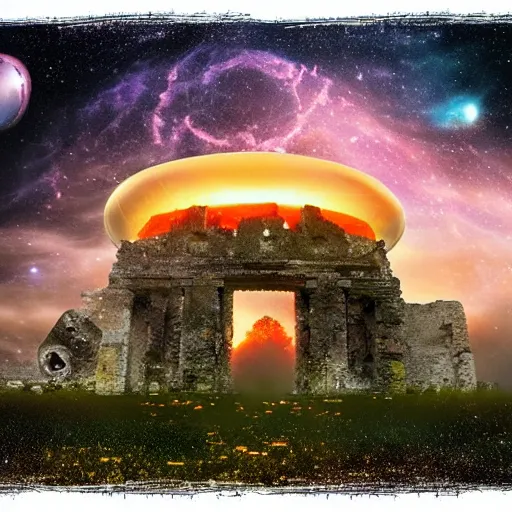 Prompt: a colossal gigantic glowing orange jellyfish hovering beneath a portal in the sky, galaxies and stars in a stylized sky, verdant landscape in the foreground, ancient ruins in the background, digital art