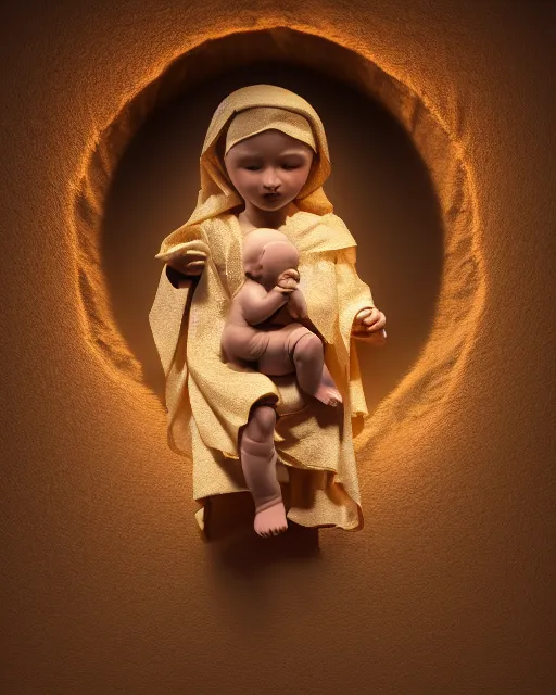 Image similar to highly detailed image of baby jesus from bogota, intrincate, dim volumetric lighting, 8 k, octane