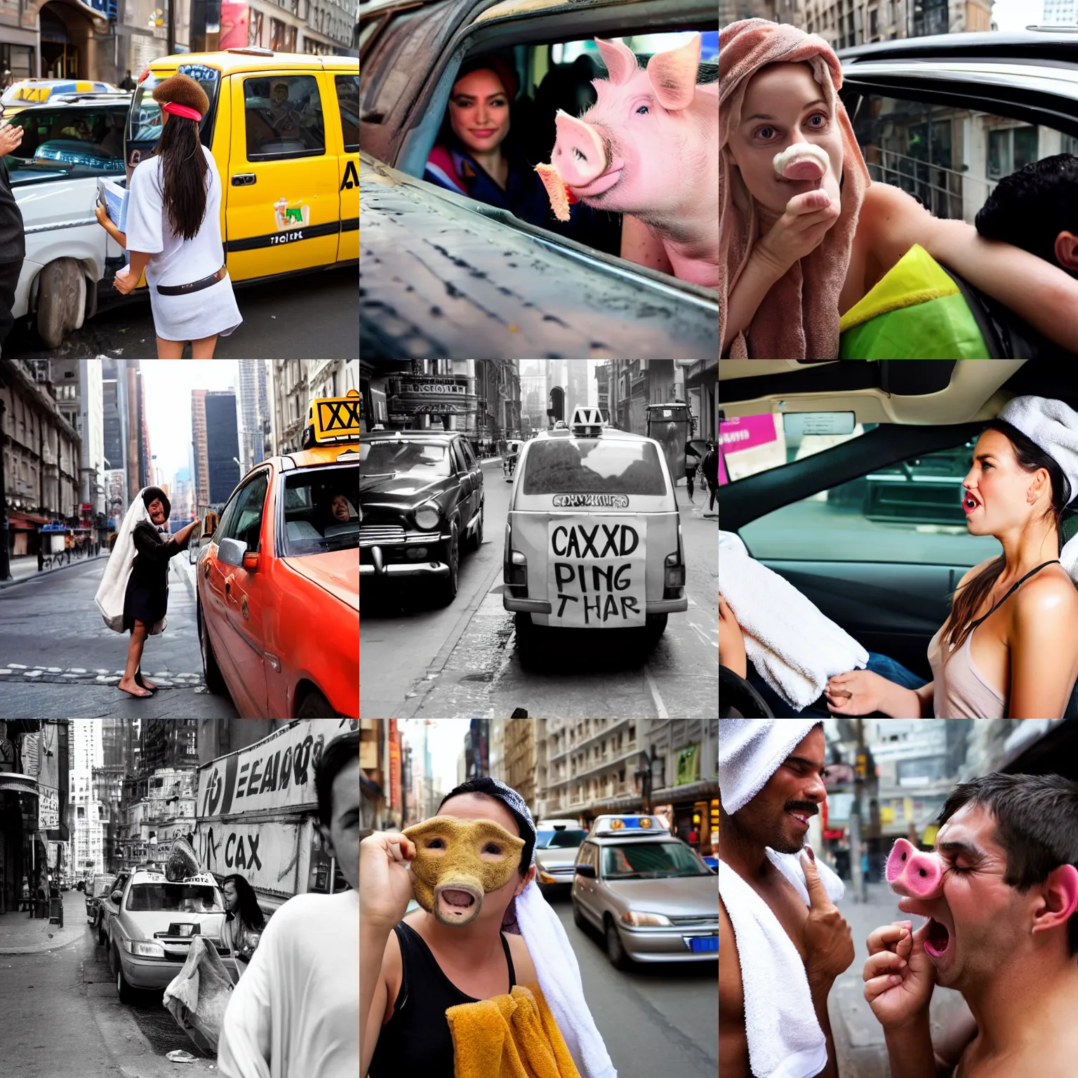 Prompt: an attractive woman with buckteeth and a pig nose hails a cab driven by a man with a towel on his head. the cab driver is unshaven and hasn't had a showered in weeks.