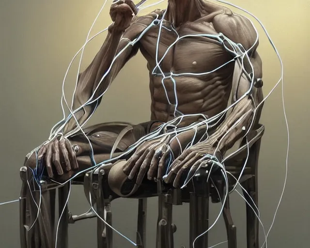 Image similar to a hyperrealistic painting of a human cyborg sitting in a chair with limbs stretched out, tied with electrical cables connected to supercomputers, flood of images flowing from his head, tesseract, vitruvian man, by daniel gerhartz, trending on artstation, concept art, insane details, zoomed out