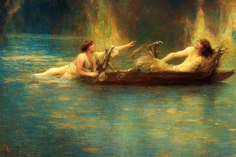 Image similar to illustration of a black river in the astral plane with black oozing arms reaching out of the water. a man on a boat paddles down the river. art by gaston bussiere.