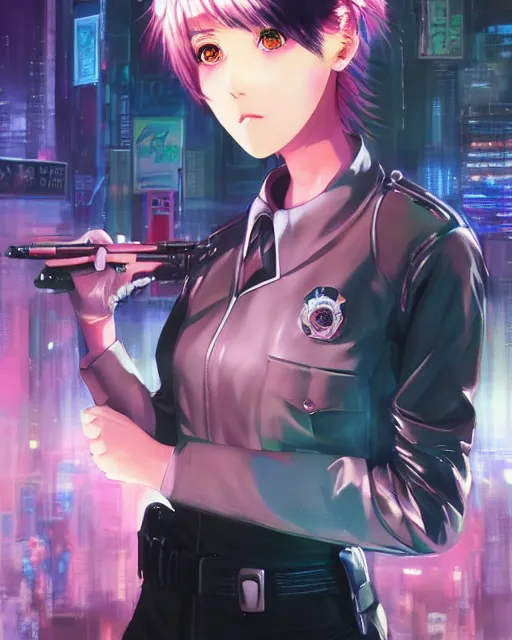 Image similar to ! dream police officer girl very very anime!!! fine face, audrey plaza, realistic shaded perfect face, fine details. anime. realistic shaded lighting cyberpunk futuristic neon tattoos styled hair reflective puffy sheen film jacket decorated poster by ilya kuvshinov katsuhiro otomo ghost in the shell magali villeneuve artgerm jeremy lipkin michael garmash rob rey