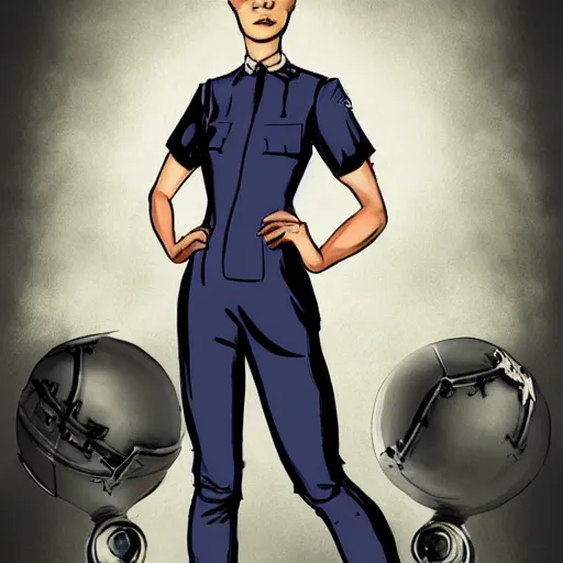 Image similar to character concept art of stoic heroic emotionless handsome blond butch tomboy woman with very short slicked-back hair, in atompunk jumpsuit and boots, science fiction, atompunk, illustration