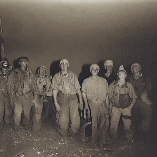 Image similar to a diverse group of alienated mine workers in a mine shaft, sepia, vintage photo, pinhole camera