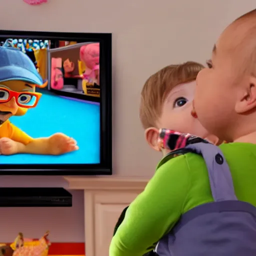 Image similar to baby looking at a tv. blippi is on the tv screen, award winning, cinematic, photorealistic, 8 k