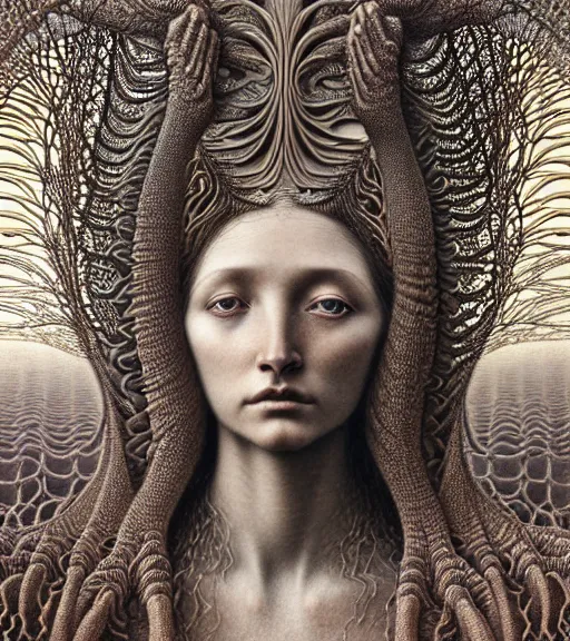 Prompt: detailed realistic beautiful desert goddess face portrait by jean delville, gustave dore, iris van herpen and marco mazzoni, art forms of nature by ernst haeckel, art nouveau, symbolist, visionary, gothic, neo - gothic, pre - raphaelite, fractal lace, intricate alien botanicals, ai biodiversity, surreality, hyperdetailed ultrasharp octane render