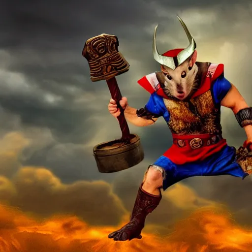 Image similar to the rat thor ~ holding his hammer ~ dramatic thunder background ~ fighting scene ~