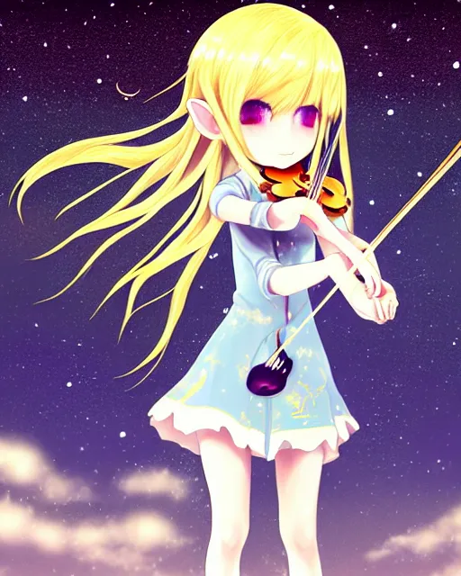 Prompt: chibi, cute, female, full body, elf girl with white skin and golden long wavy hair, holding a violin and playing a song, stunning art style, filters applied, lunar time, night sky, trending art, sharp focus, centered, landscape shot, fate zero, simple background, studio ghibly makoto shinkai yuji yamaguchi, by wlop