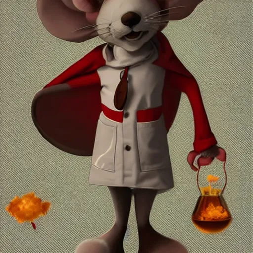 Image similar to anthropomorphic mouse furry girl in the lab coat catsing fireball, pixar style, concept art, character turnaround, trending on artstation, childrens illustrated storybook, by jay naylor, alphonse mucha and cory loftis and matthias lechner