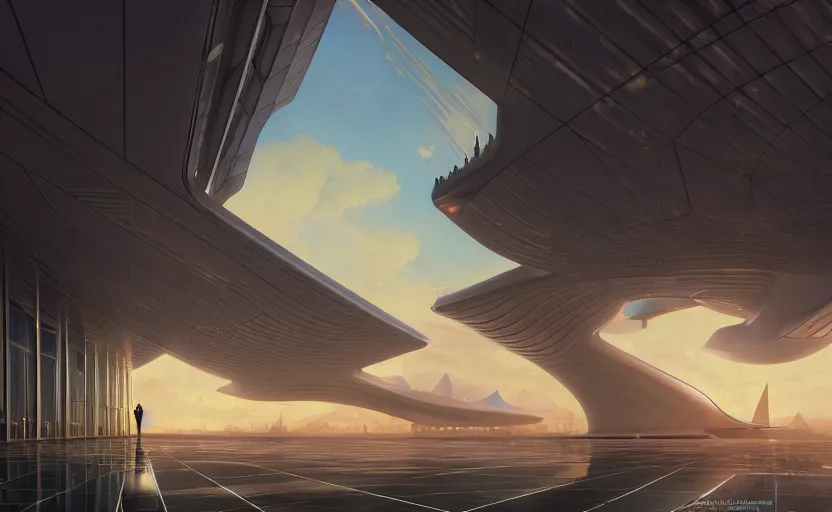 Image similar to exterior shot of utopian architecture airport with cinematic lighting by zaha hadid and renzo piano, darek zabrocki and greg ruthkowski, alphonse mucha, simon stalenhag, cinematic, holy place, paradise, scifi, futurism, atmospheric, sunset, concept art, artstation, trending on artstation