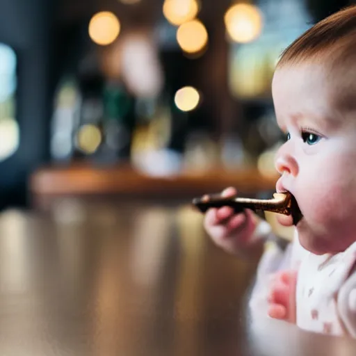 Prompt: a baby drinking an espresso martini at a bar
