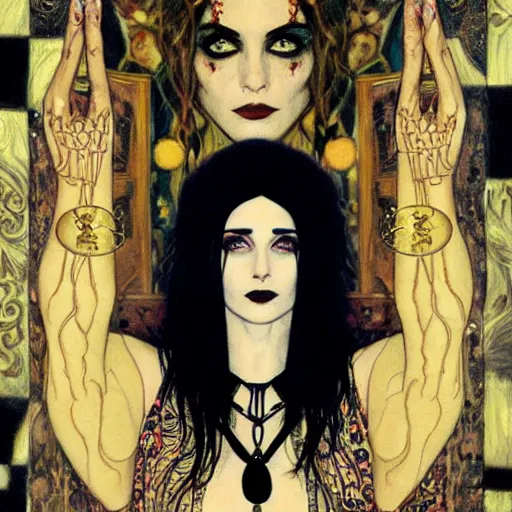 Image similar to death, a young and beautiful pale goth girl wearing a black vest and black punk hair, an ankh medallion hangs around her neck. the actress winona ryder, portrait by joshua middleton and gustav klimt, vertigo comic