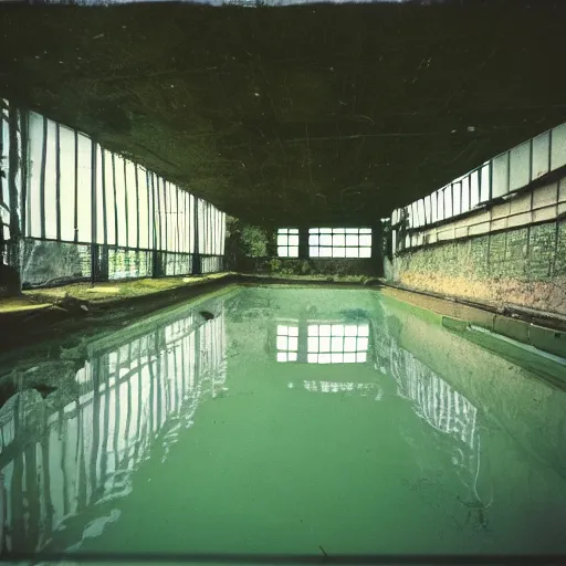 Prompt: an overgrown abandoned indoor swimming, 35mm color film