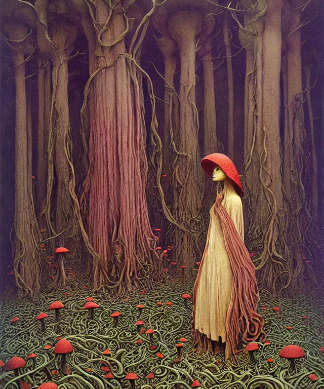 Image similar to A detailed funguswoman stands among the mushroom forest. Wearing a ripped mantle, robe. Perfect faces, extremely high details, realistic, fantasy art, solo, masterpiece, art by Zdzisław Beksiński, Ivan Bilibin, Dariusz Zawadzki