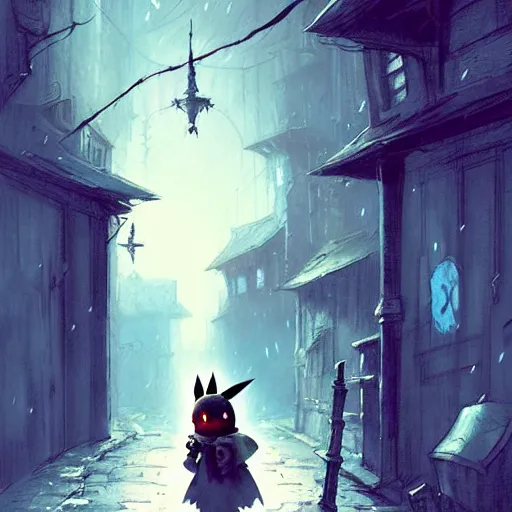 Image similar to pikachu in a back alley, art by greg rutkowski, in the style of bloodborne, intricate, elegant, highly detailed, smooth, sharp focus, artstation