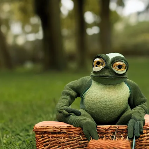 Image similar to Pepe the Frog sitting on a picnic in the park. 25mm, focused, soft lights, International Photography Awards, photo by Steve Hanks