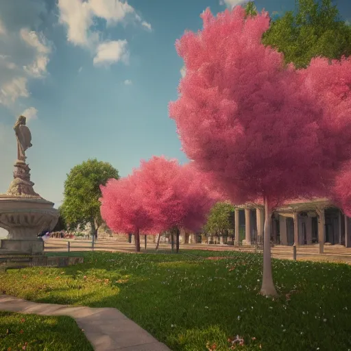 Image similar to 8k, octane render, realism, tonalism, renaissance, rococo, baroque, empty renaissance park, pink flowers, chaotic gold leaf flowers