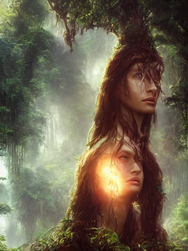 Prompt: Cinematic portrait of a beautiful young woman savior in the jungle, cinematic, trending on artstation, octane render by Jim Burns and John Harris and Pablo Munoz Gomez and Tomasz Alen Kopera