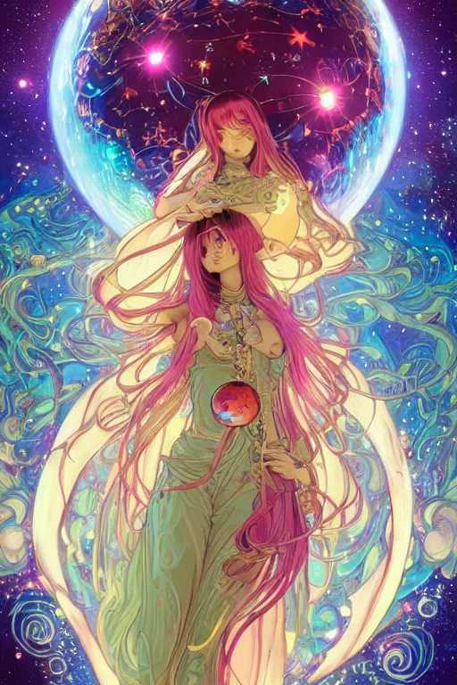 Image similar to psychedelic, intricate, highly detailed, anime, 4k, beautiful seductive slime girl holding a huge orb containing the universe, with professional makeup, long trippy hair, surrounded by gems, underneath the stars, trending on patreon, deviantart, twitter, artstation, volumetric lighting, heavy contrast, by artgerm and Ilya Kuvshinov and alphonse mucha, interstellar galaxy