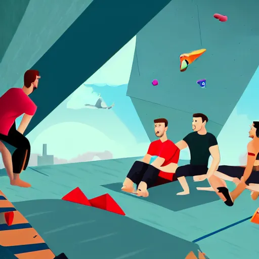 Image similar to a man is sitting in an airplane, watching his friends enjoy bouldering in a gym. award - winning digital artwork