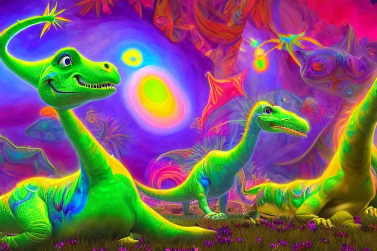 Image similar to a psychedelic realm made entirely out of love and acceptance and hypercolors. astral beings sharing love. cute smiling glowing skin glowing chibi style pixar baby dinosaurs in the style of, epic, fantasy, hyper detailed, smooth, unreal engine, sharp focus, ray tracing