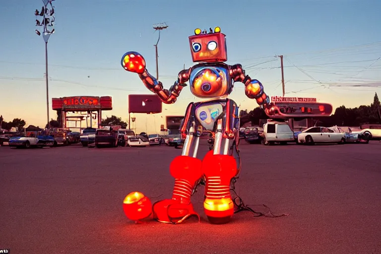 Image similar to robot clown relaxing at a california drive in, in 2 0 0 2, cutecore clowncore, bathed in the the glow of the sunset, low - light photograph, in style of tyler mitchell