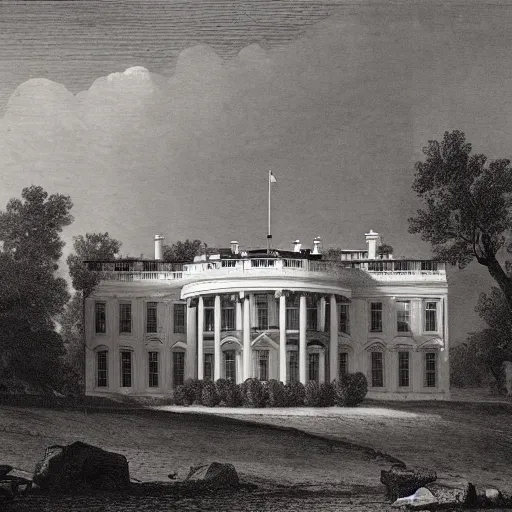 Prompt: the white house, early morning sun by piranesi