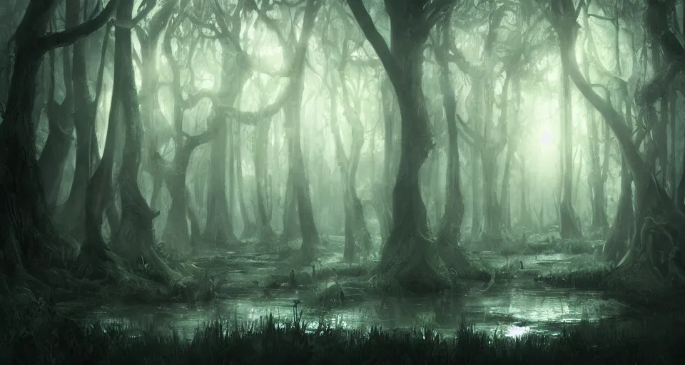 Image similar to A dense and dark enchanted forest with a swamp, by Charlie bowater