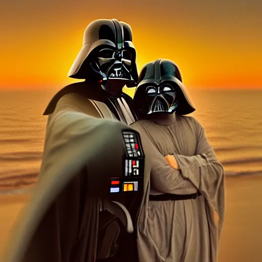 Prompt: beautiful serene intricate portrait of darth vader and darth vader taking a selfie, relaxing on the beach, golden hour, soft focus, 8 k, art by irakli nadar, hyperrealism, hyperdetailed, ultra realistic