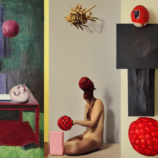 Image similar to a female art student in her apartment, sculpture work in progress, pig, pomegranate, acrylic on canvas, surrealist, by magritte and monet