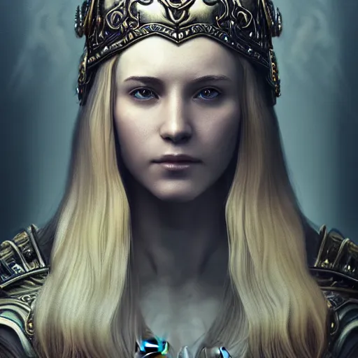 Image similar to the elder scrolls vi, charismatic regal blonde female jarl, portrait, exquisitely designed throne room, atmospheric lighting, painted, intricate, volumetric lighting, beautiful, daytime, slightly sunny weather, sharp focus, deep colours, ultra detailed, by leesha hannigan, ross tran, thierry doizon, kai carpenter, ignacio fernandez rios