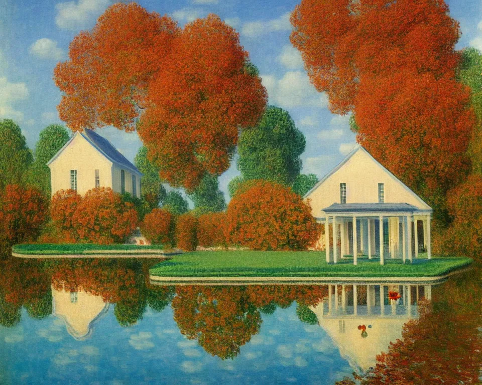 Prompt: achingly beautiful painting of a sophisticated, well - decorated pool house in fall by rene magritte, monet, and turner.