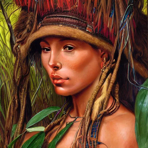 Image similar to face portrait of a beautiful alluring female yanomami maiden in a dense jungle at sunset, detailed, centered, digital painting, artstation, concept art, donato giancola, Dante Gabriel Rossetti, alphonse mucha, Joseph Farquharson, Joseph Christian Leyendecker, WLOP, Boris Vallejo, Breathtaking, 8k resolution, extremely detailed, beautiful, establishing shot, artistic, hyperrealistic, beautiful face, octane render