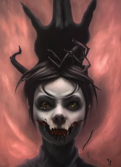 Image similar to dark portrait painting of tracer from overwatch, in style of zdzisław beksinski, scary, horror, 4 k, feminine facial features, overwatch tracer character, horror, body horror, disturbing, detailed face, dressed in dark garment, black tendrils, tall,