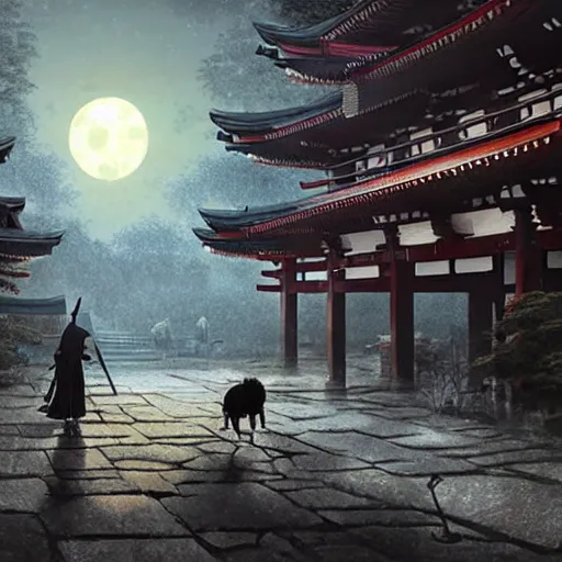 Prompt: a samurai wandering with his warrior cat through a modern japanese lost city, densely built - up, full moon, cold light, digital painting, by greg rutkowski and thomas kinkade