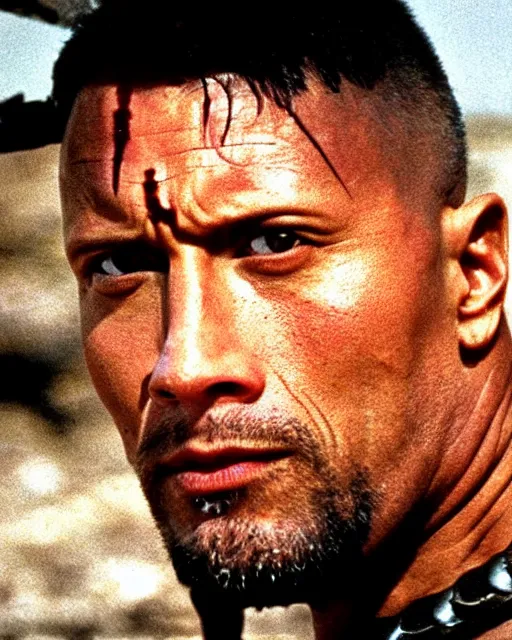 Image similar to film still close up shot of dwayne johnson as max rockatansky in the movie mad max 2 the road warrior. photographic, photography