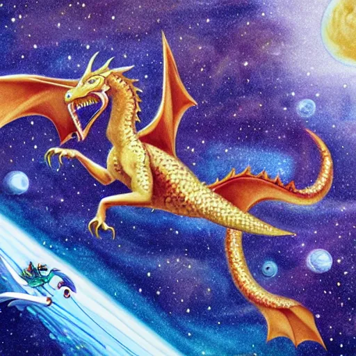 Image similar to Kayla riding a dragon through space